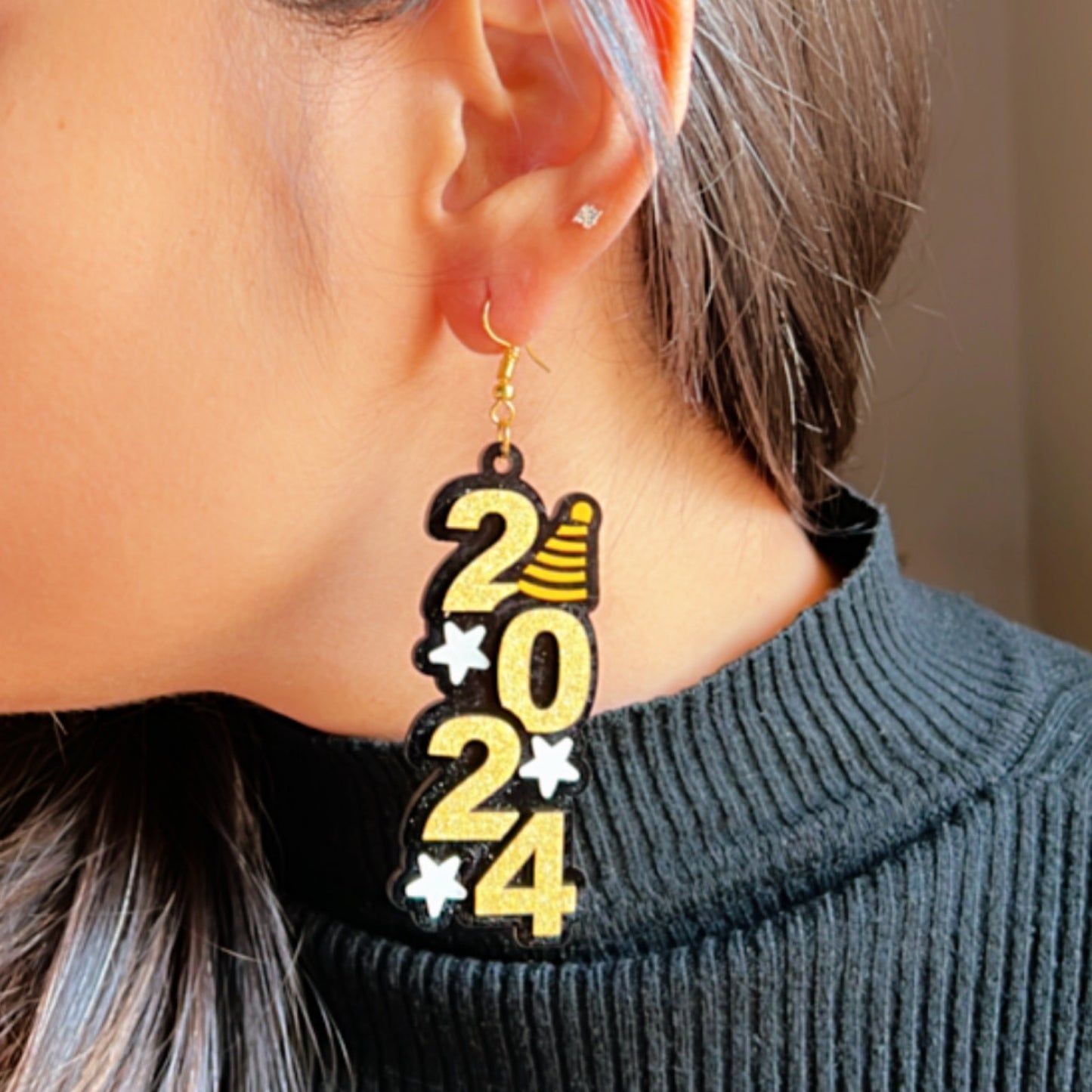 2024 Danglers - Shimmer Golden and White - Nian by Nidhi - worn by a woman