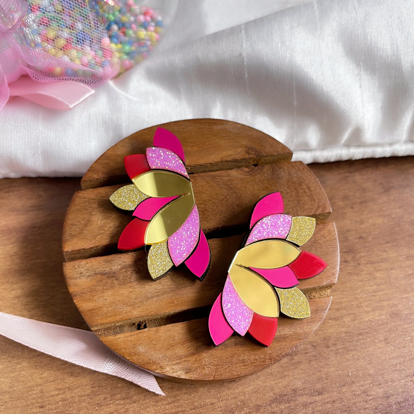 Petal Earrings - Multi-colored (Pink, Golden, Yellow, Red) - Nian by Nidhi - in a white and brown background
