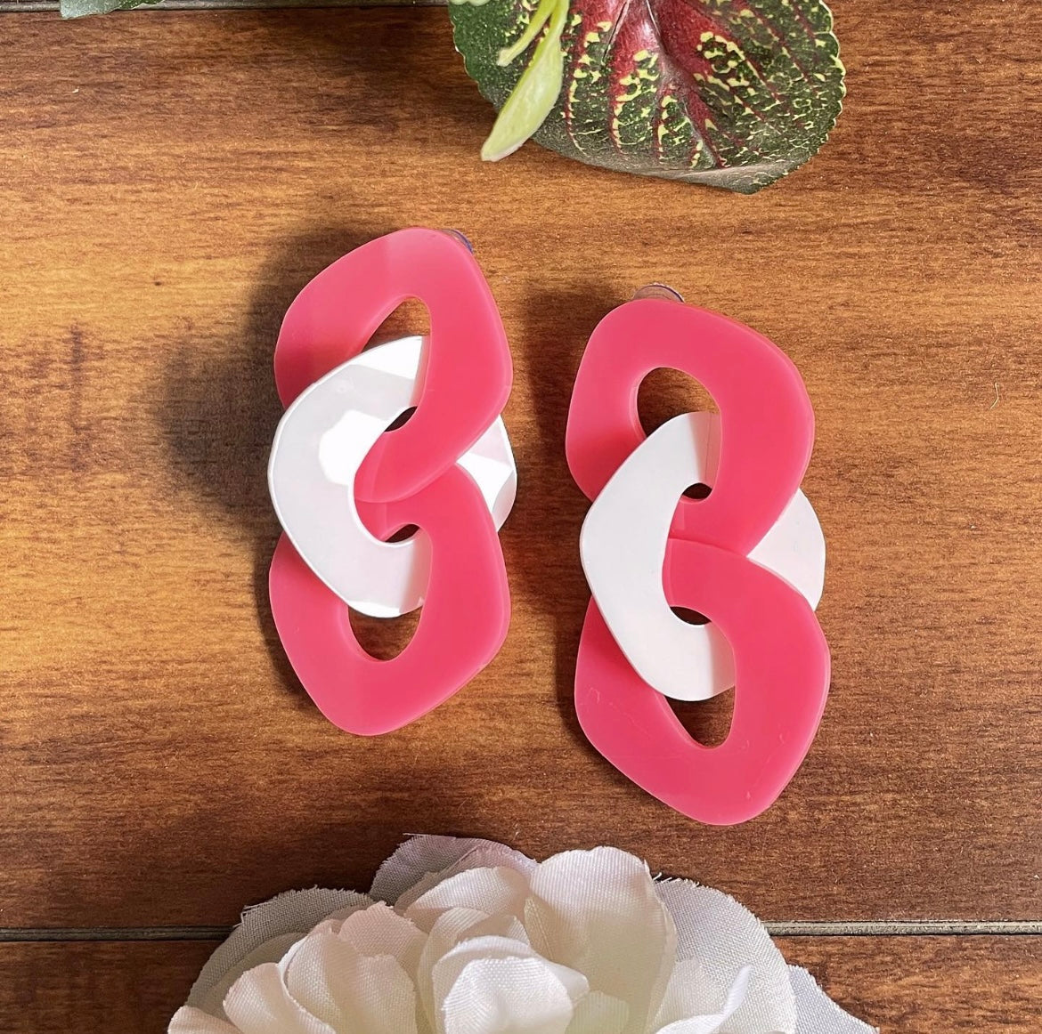 Link Chain Earrings (Pink and White) - Lightning Earrings - Golden and Blue - Nian by Nidhi - in a white and brown background