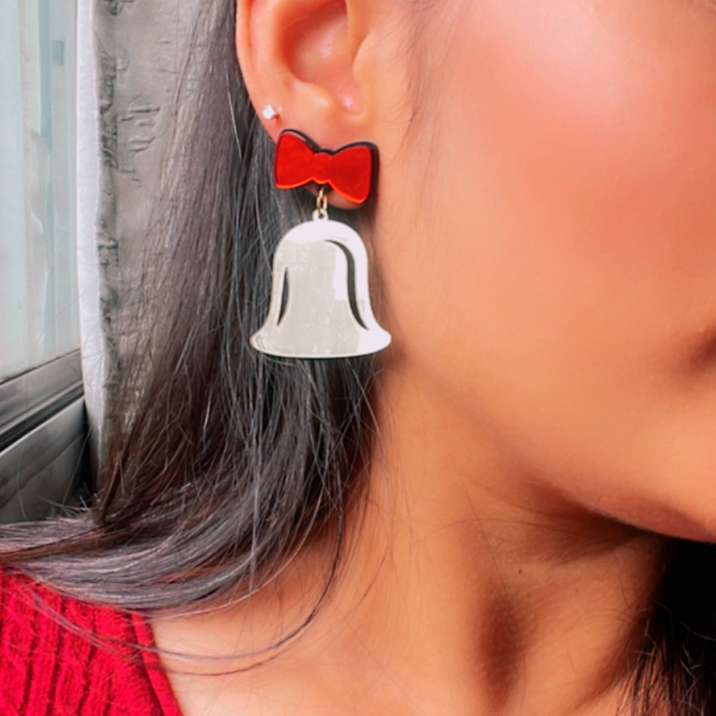 Jingle Bell Earrings - Red and Golden- Nian by Nidhi- worn by a woman