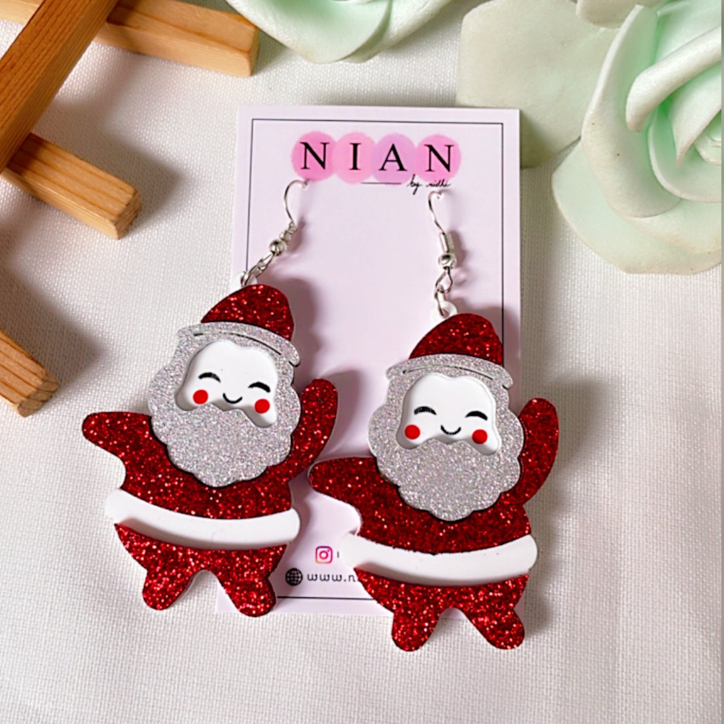 Dancing Santa Earrings - White and Shimmer Red- Nian by Nidhi - placed in a white background