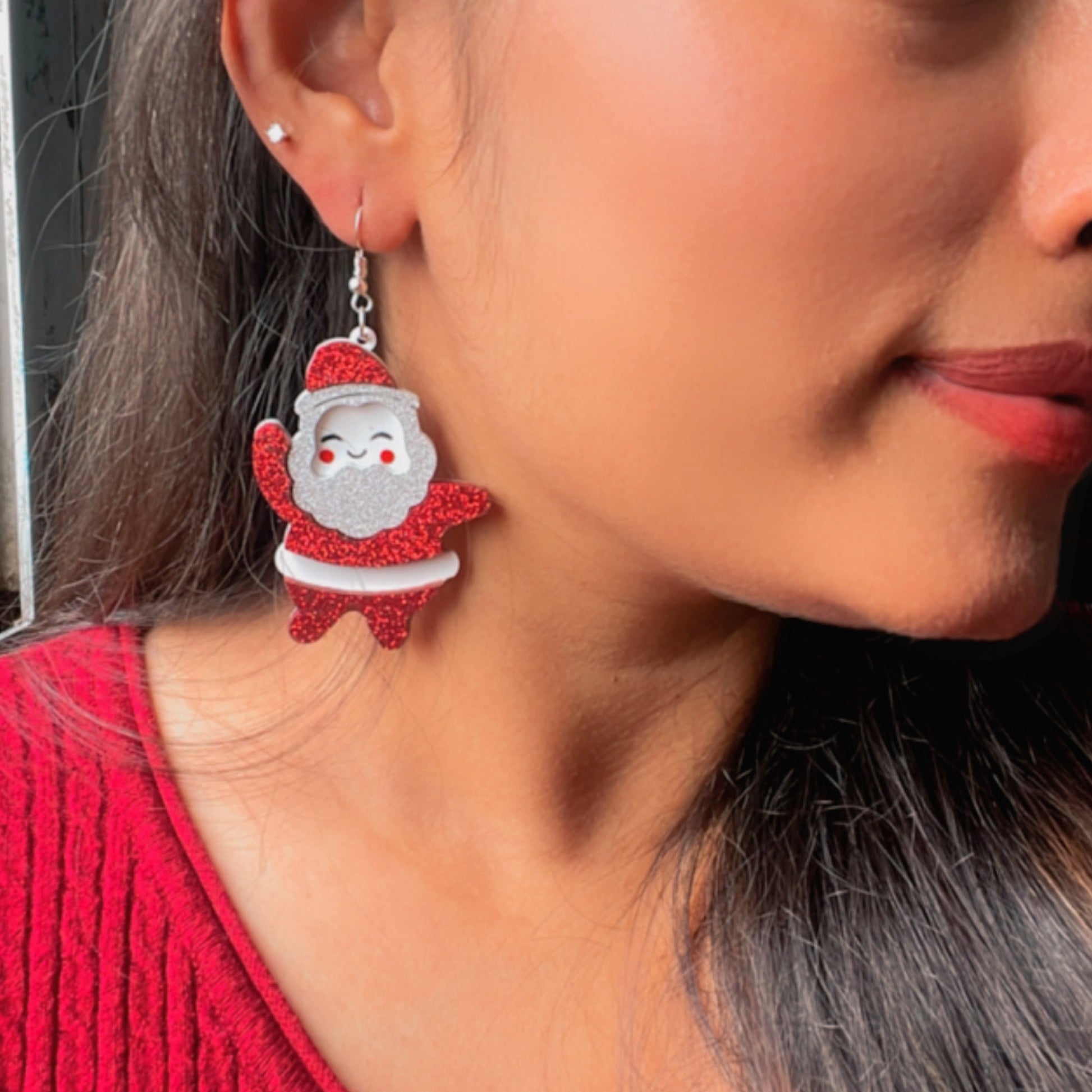Dancing Santa Earrings - White and Shimmer Red- Nian by Nidhi - worn by a woman