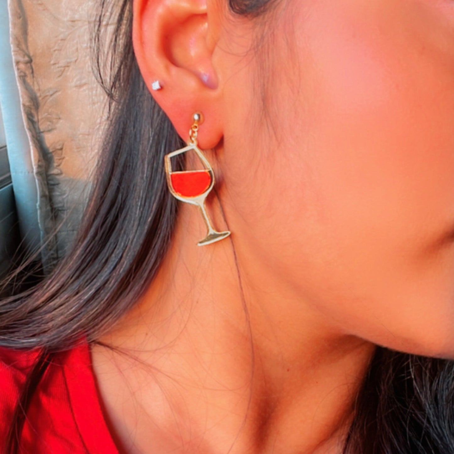 Wine Goblet Earrings - Glossy Red and Golden - Nian by Nidhi - worn by a woman