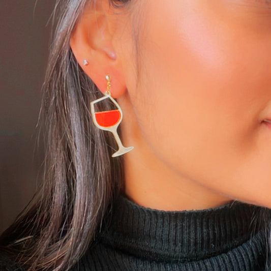 Wine Goblet Earrings - Glossy Red and Golden - Nian by Nidhi - worn by a woman