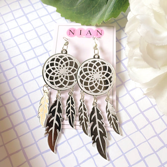 Dreamcatcher Earrings - Glossy Silver with embossing - Nian by Nidhi - placed in a squared-check background