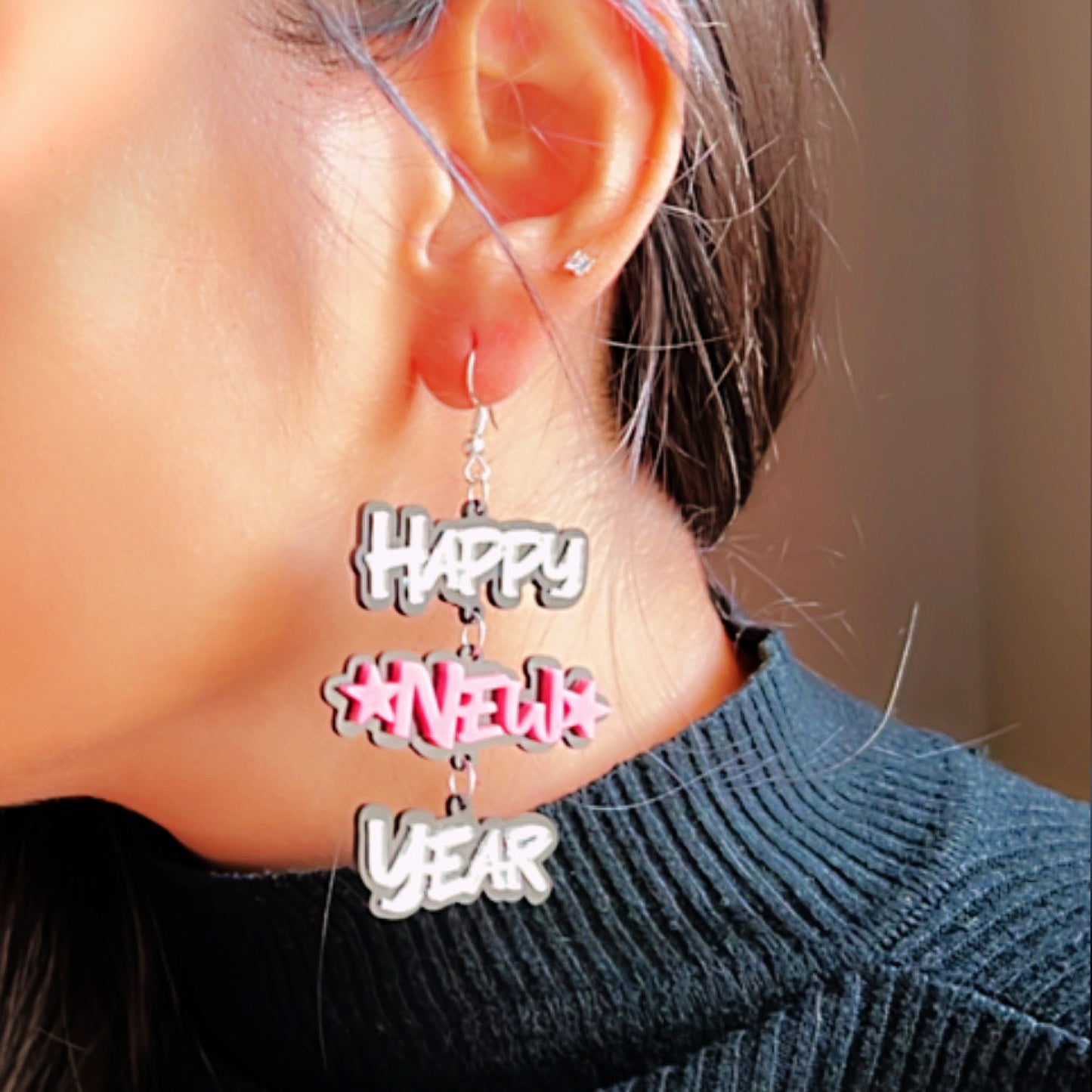 Happy New Year Earrings - Pink and Silver - Nian by Nidhi - worn by a woman