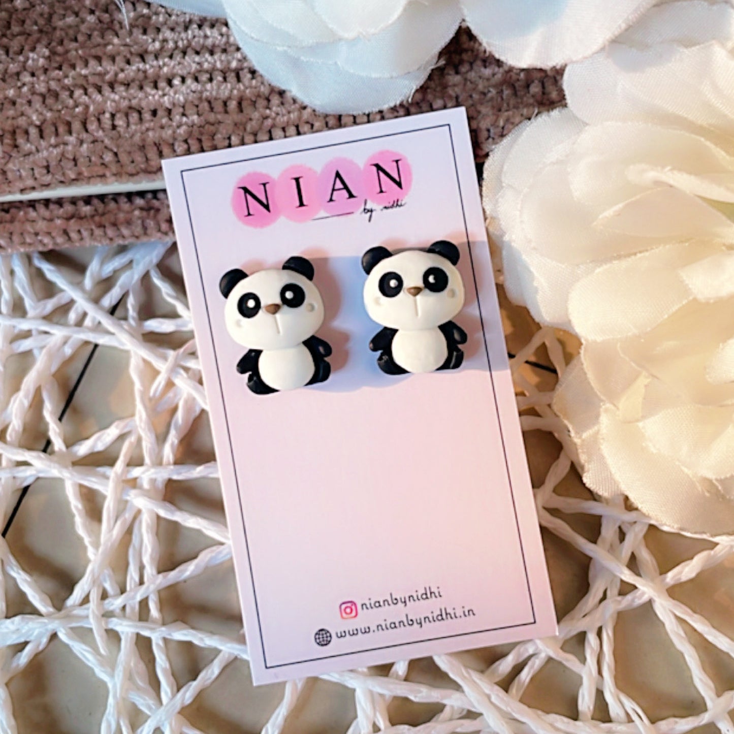 Perky Panda Studs - White and Black - Nian by Nidhi - placed in a white background