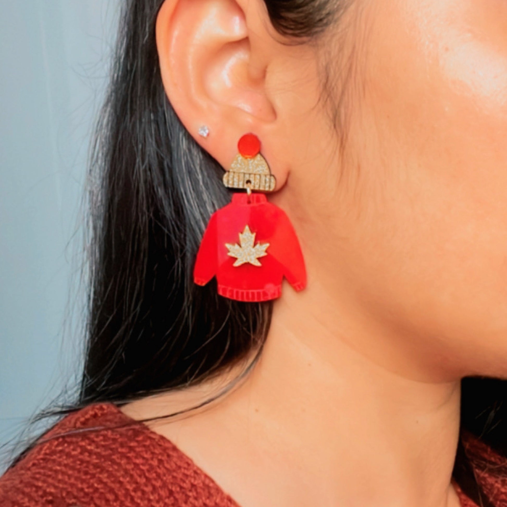 Wool Wrap Earrings - Red and Shimmer Golden - Nian by Nidhi - worn by a woman
