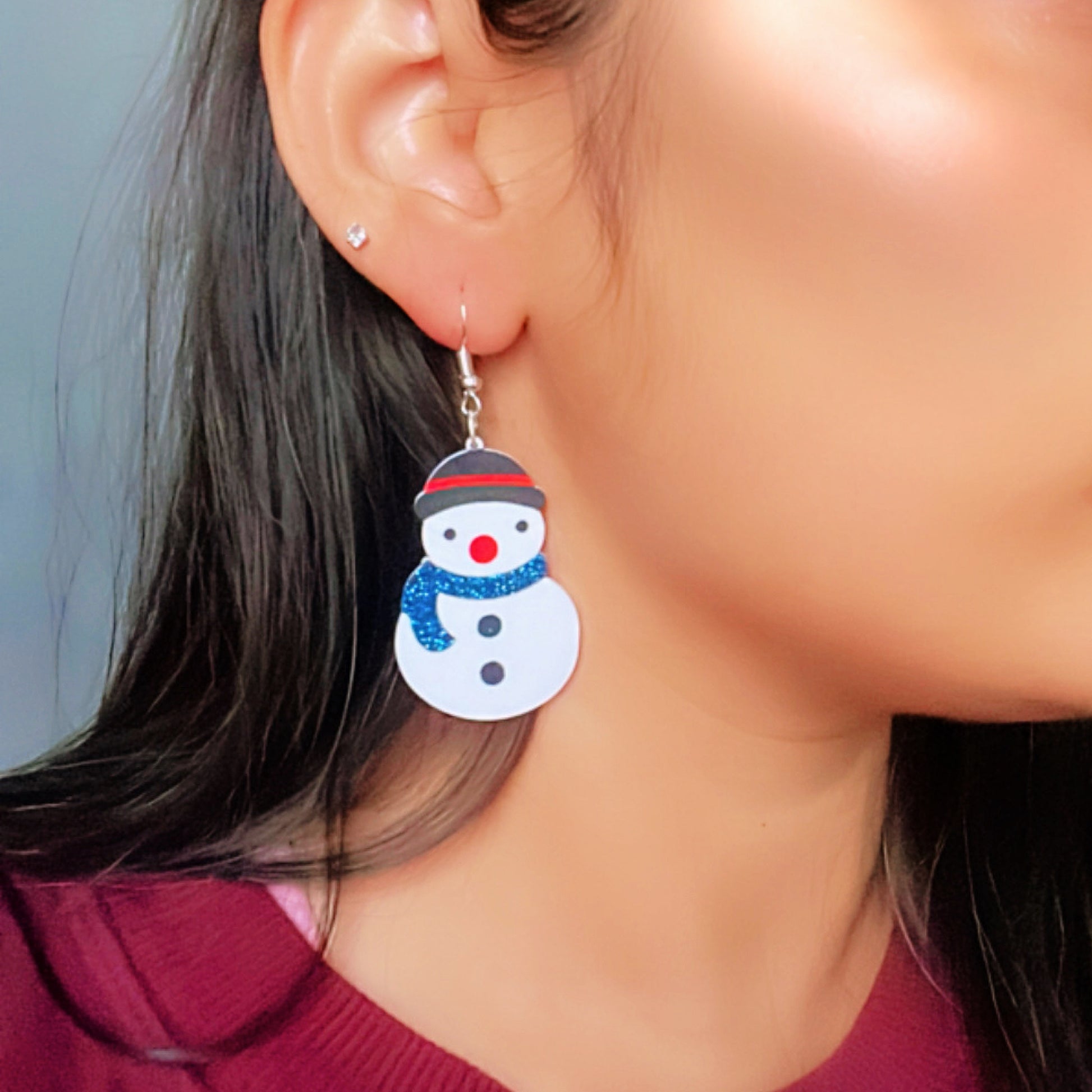 Snowman Earrings - White - Nian by Nidhi - worn by a woman