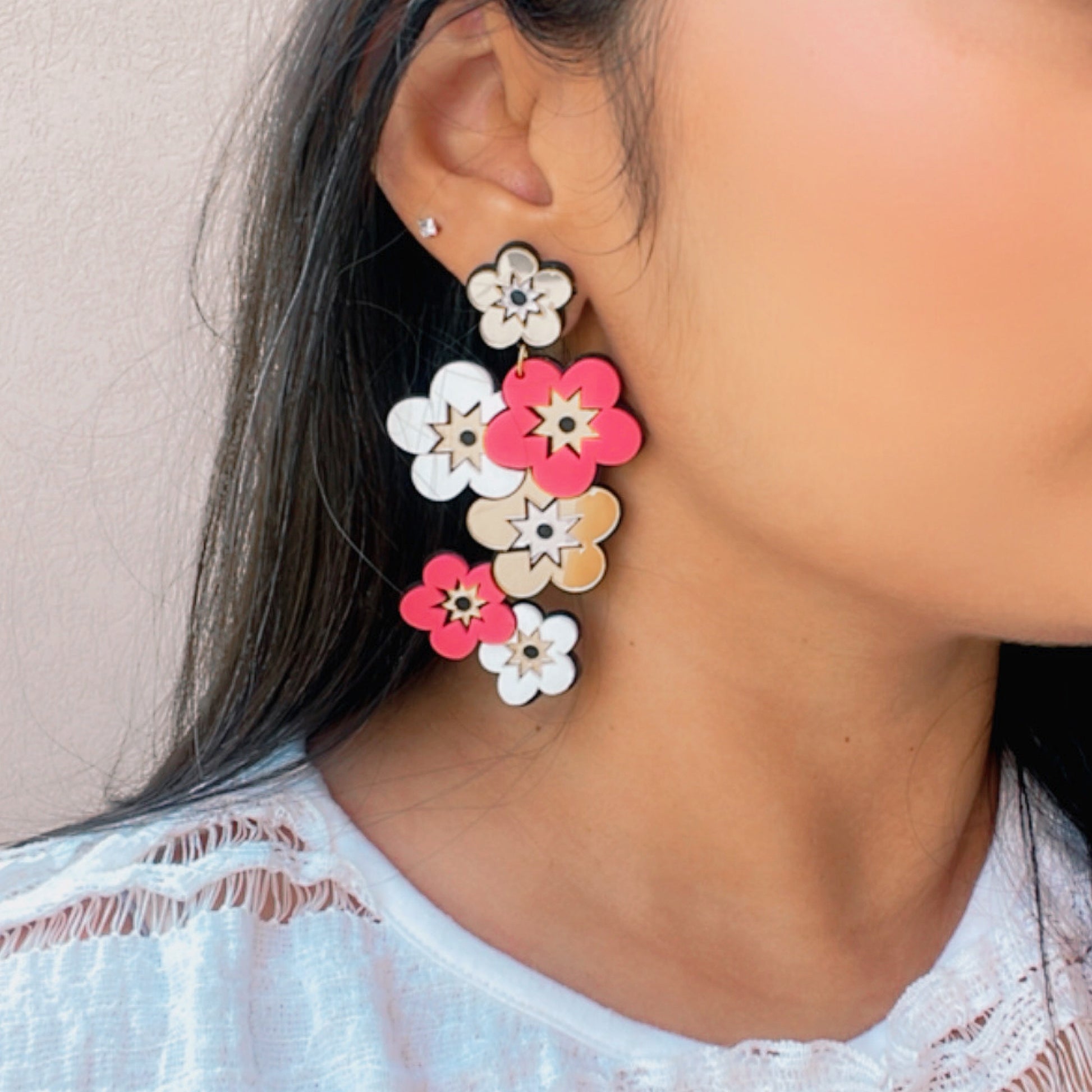 Floral Fetish Danglers - Glossy Golden, Pink and White - Nian by Nidhi - worn by a woman