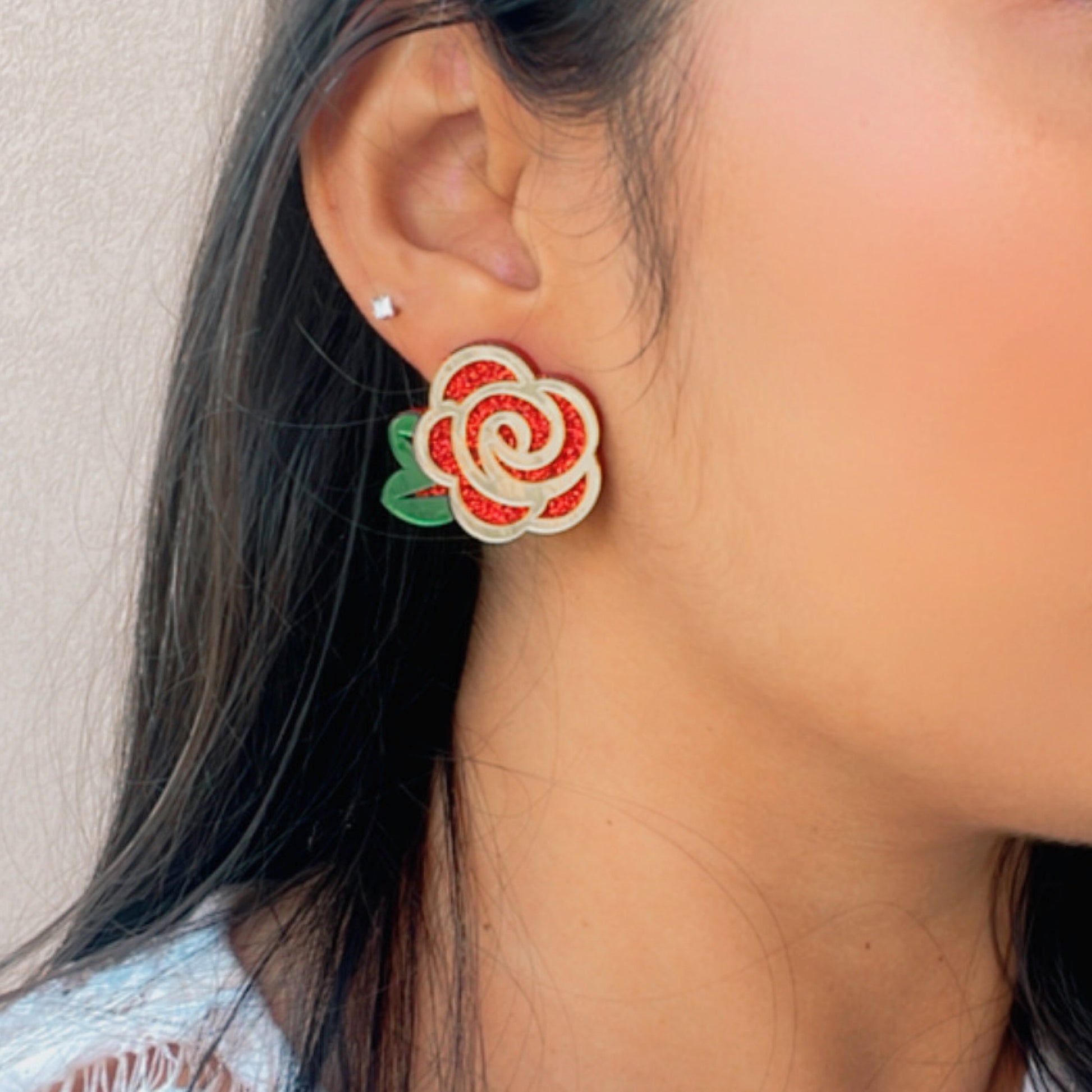 Ravishing Rose Earrings - Shimmer Red, Glossy Golden and Green - Nian by Nidhi - worn by a woman