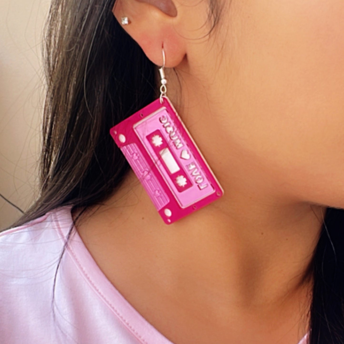Love Cassette Earrings - Glossy Pink and White - Nian by Nidhi - worn by a woman