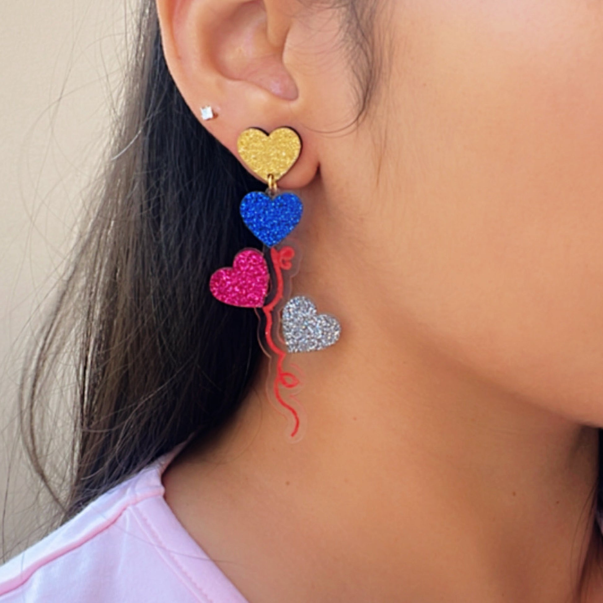 Balloon Bouquet Earrings - Shimmer Golden, Shimmer Blue, Shimmer Maroon, Shimmer Silver - Nian by Nidhi - worn by a woman