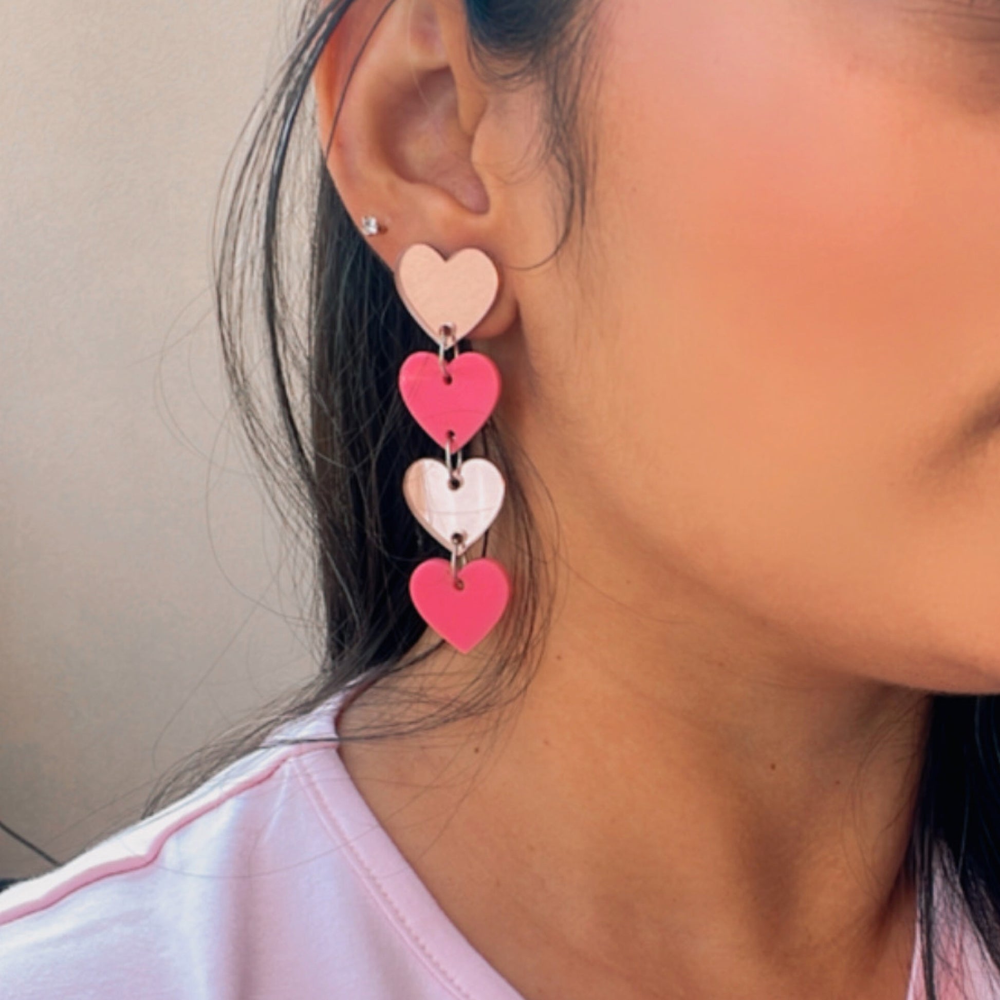 Little Heart Danglers - Pink and Rosegold - Nian by Nian - worn by a woman