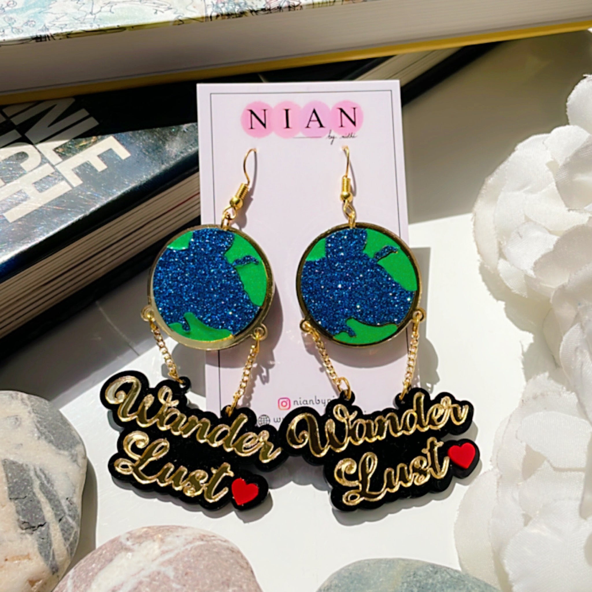 Wanderlust Earrings - Multicolor - Green, Shimmer Blue, Glossy Golden - Nian by Nidhi - placed in a white background