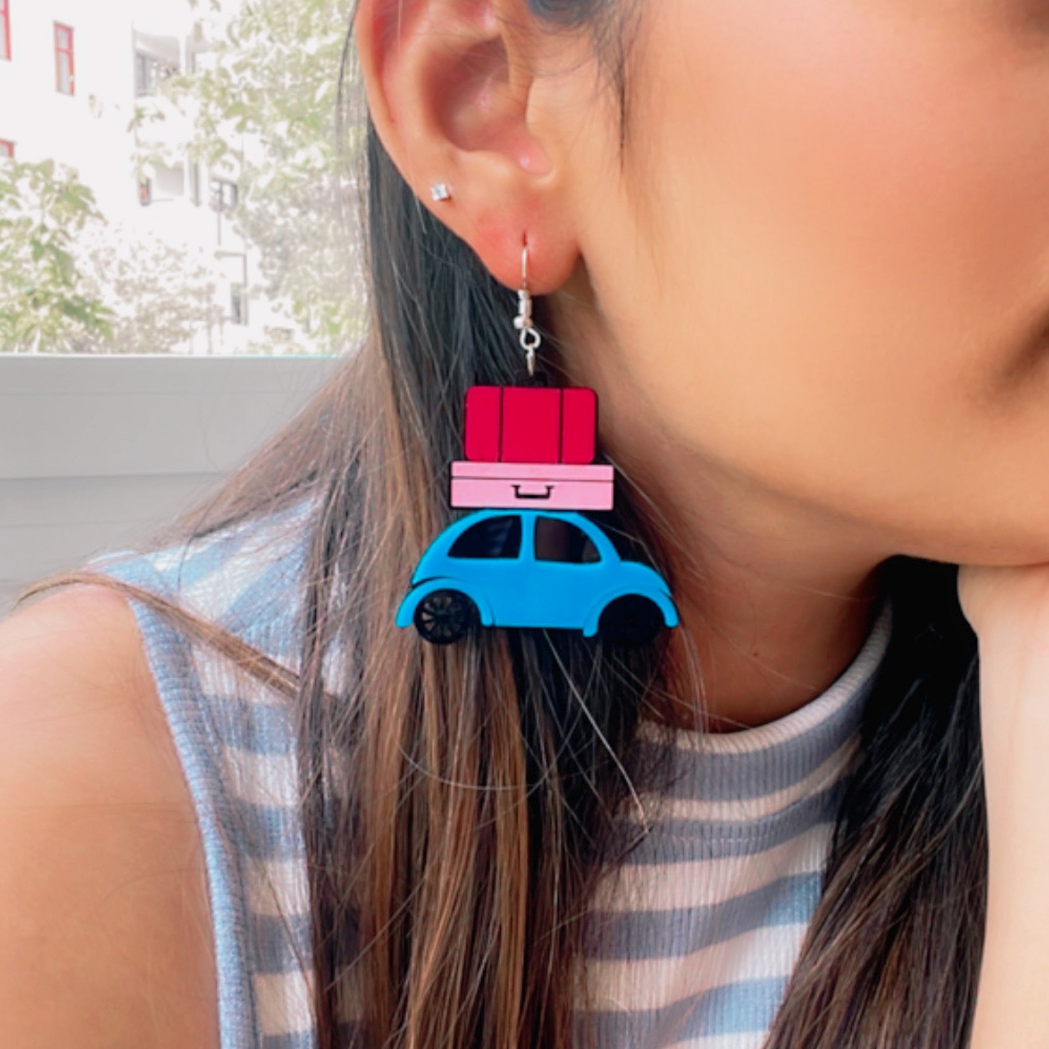 Happy Journey Earrings - Multicolor - Blue, Baby Pink, Dark Pink, Black - Nian by Nidhi - worn by a woman