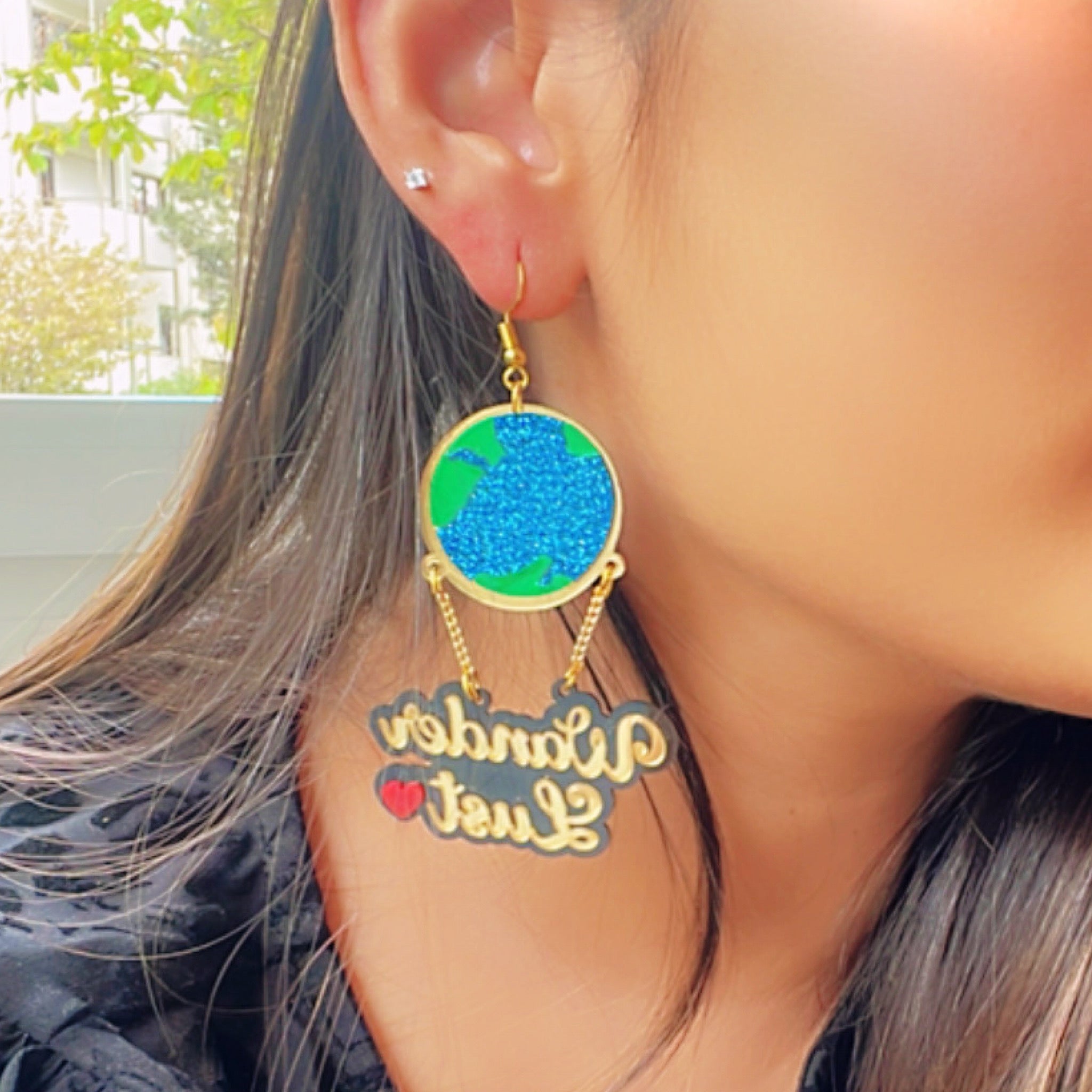 Wanderlust Earrings - Multicolor - Green, Shimmer Blue, Glossy Golden - Nian by Nidhi - worn by a woman