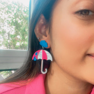 Drizzly Umbrella Earrings - Pink, White and Blue - Nian by Nidhi - worn by a woman