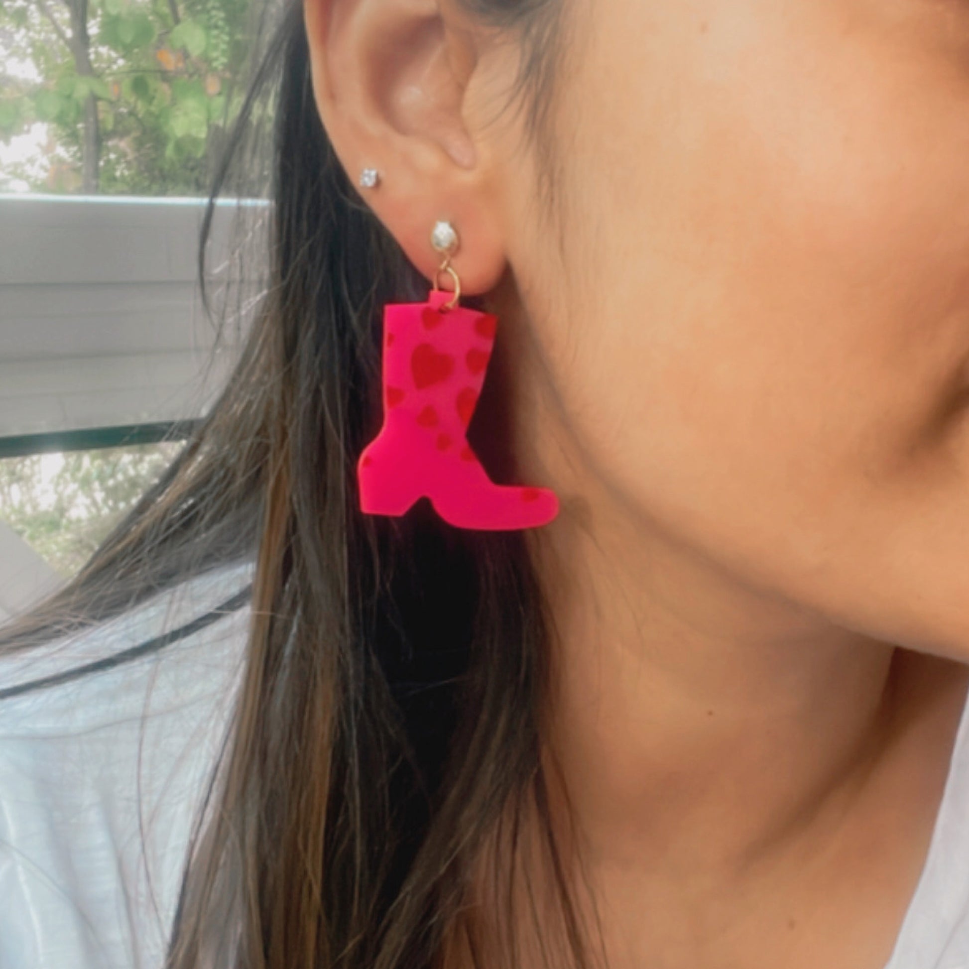 Splashy Rainboots Earrings - Pink and Red - worn by a woman