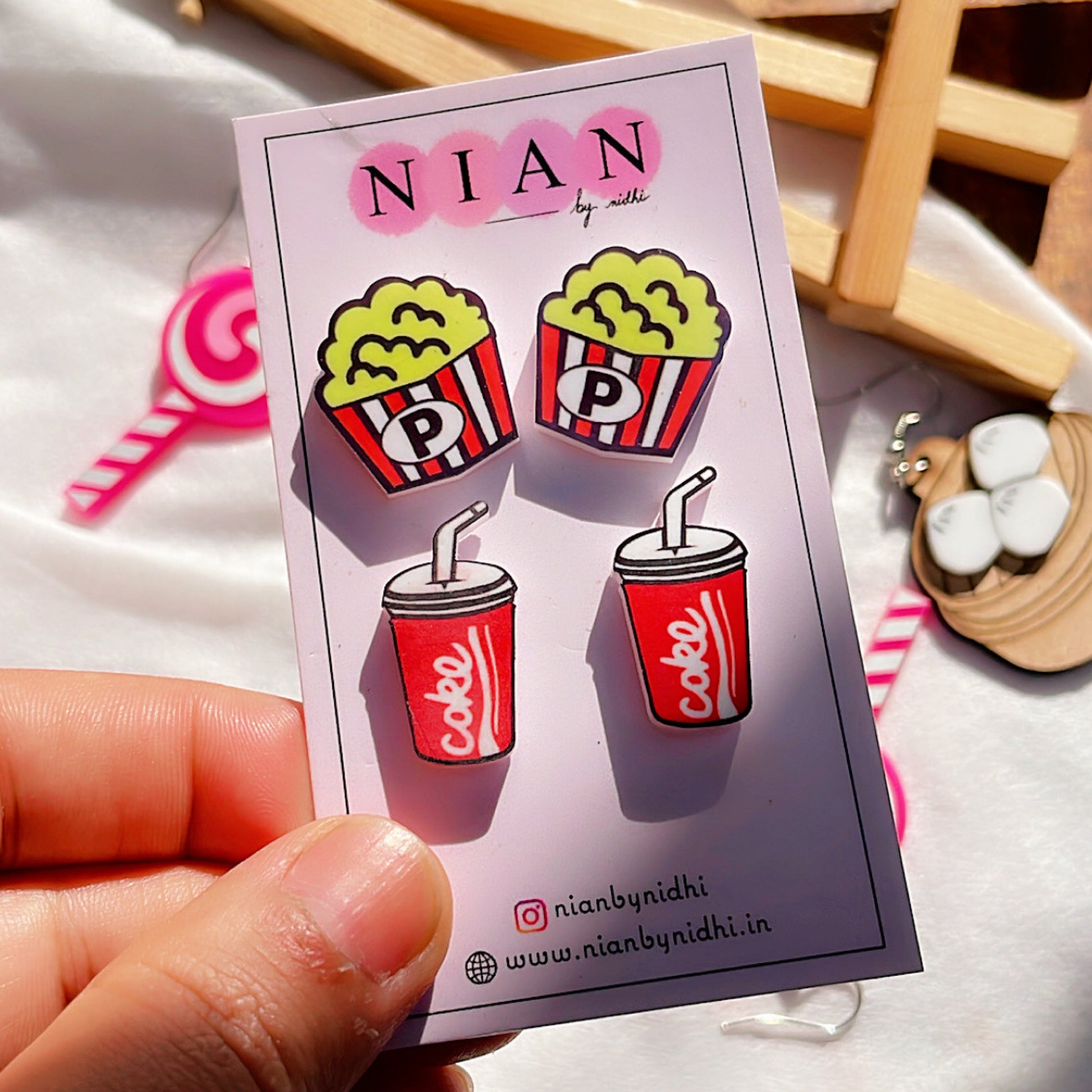Popcorn and Coke Studs - Nian by Nidhi - placed in a white background