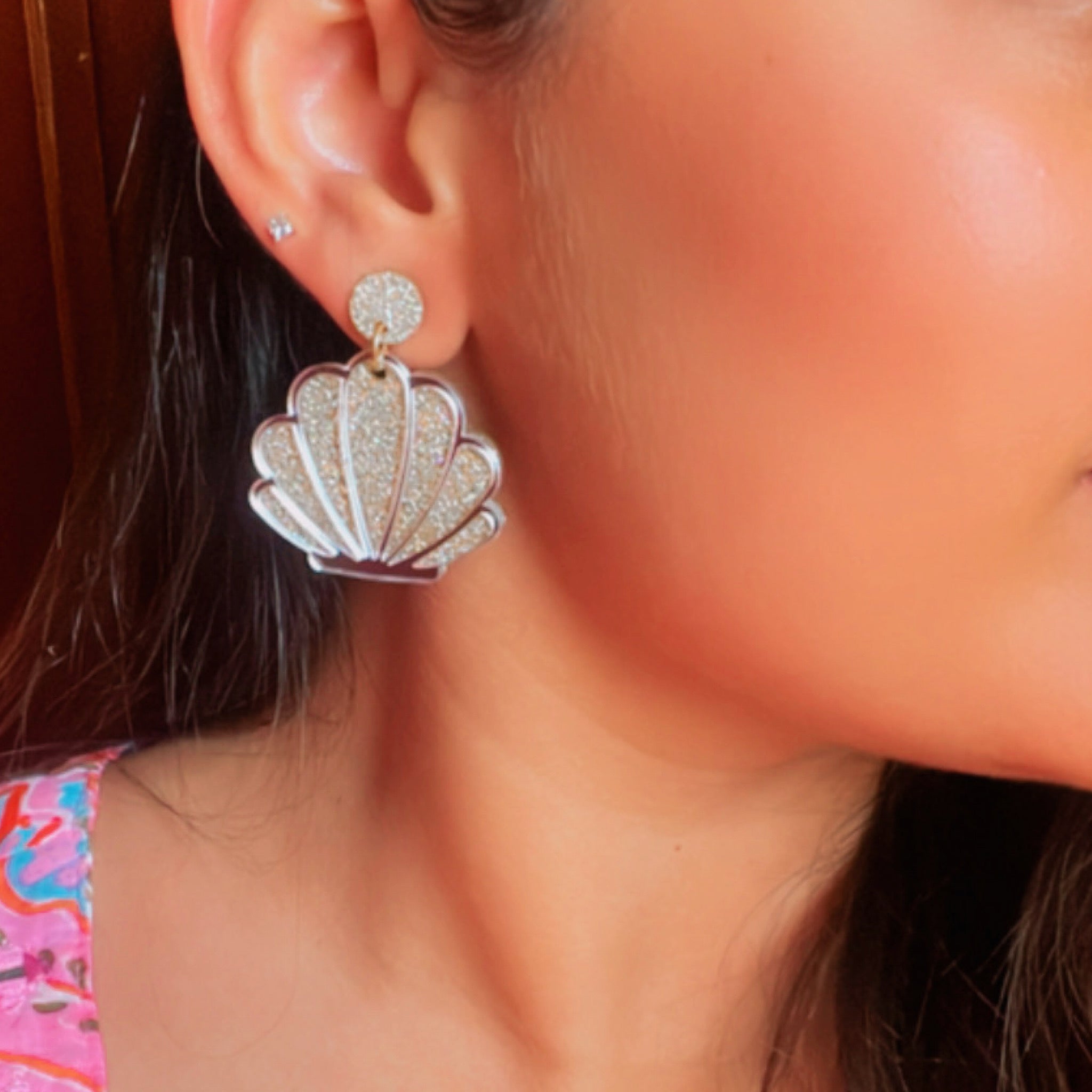 Shiny Shell Earrings - Nian by Nidhi - Shimmer Golden and Glassy Silver - worn by a girl