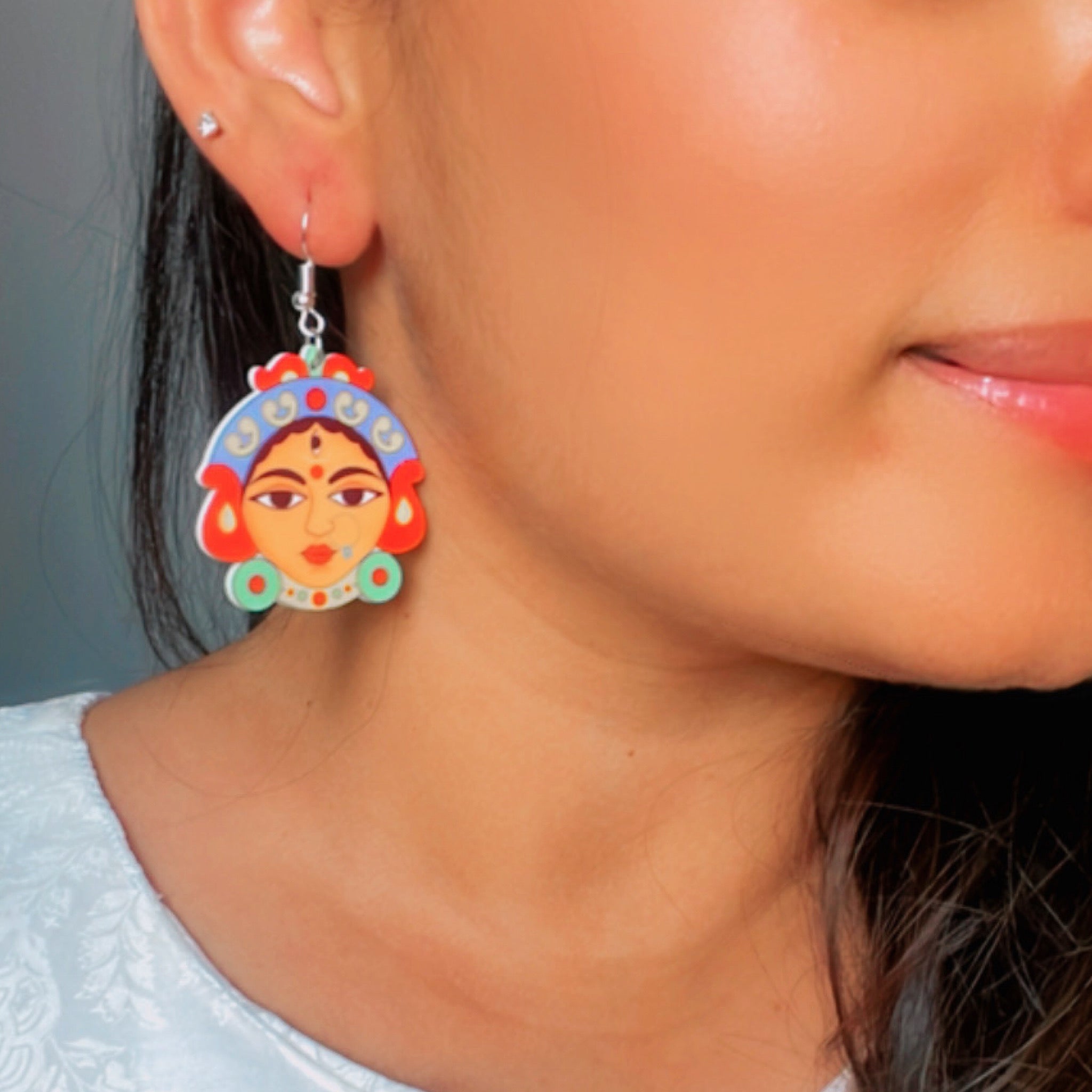Durga Maa Earrings - Nian by Nidhi - Multicolor - worn by a girl