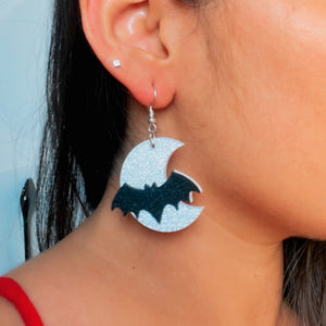 Spooky Night Earrings - Shimmer Silver and Shimmer Black - Nian by Nidhi - worn by a woman