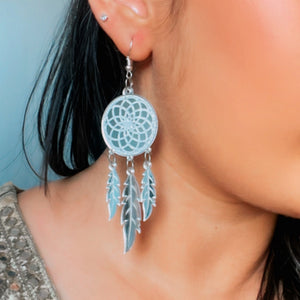Dreamcatcher Earrings - Glossy Silver with embossing - Nian by Nidhi - worn by a woman