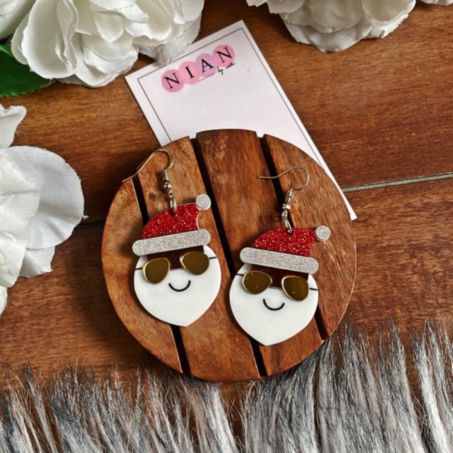 Yo Santa Earrings - Red and White - Nian by Nidhi - in a brown background