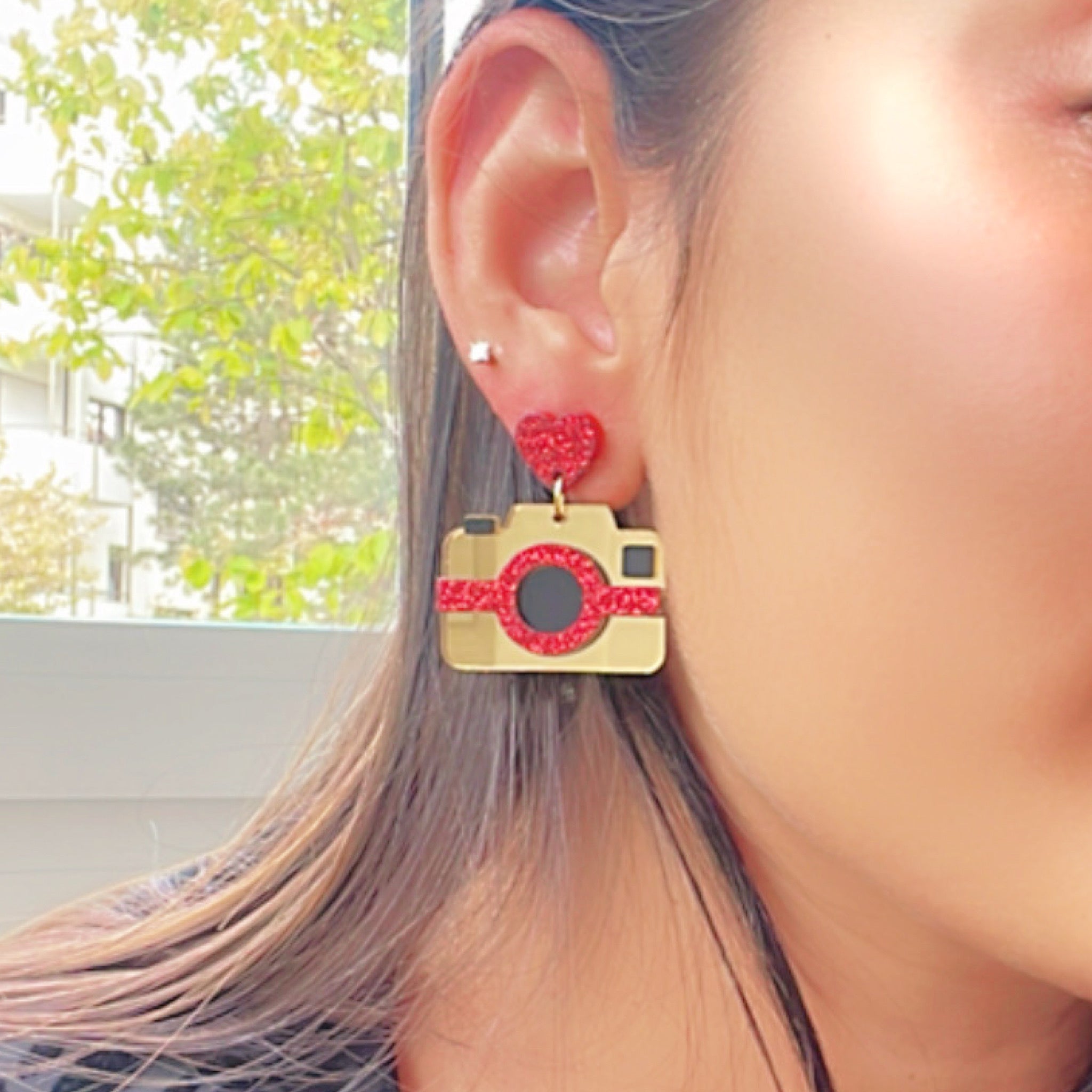 Camera Earrings - Multicolor - Glossy Golden and Shimmer Red - Nian by Nidhi - worn by a woman