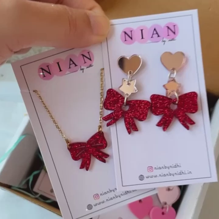 Bow Danglers & Bow Necklace - Shimmer Red - Nian by Nidhi