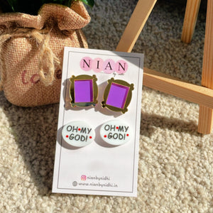 Friends Studs (Set of 2) - Monica's Frame Studs (Purple and Golden) + Oh My God Studs (White) - Nian by Nidhi - placed in a light beige background 