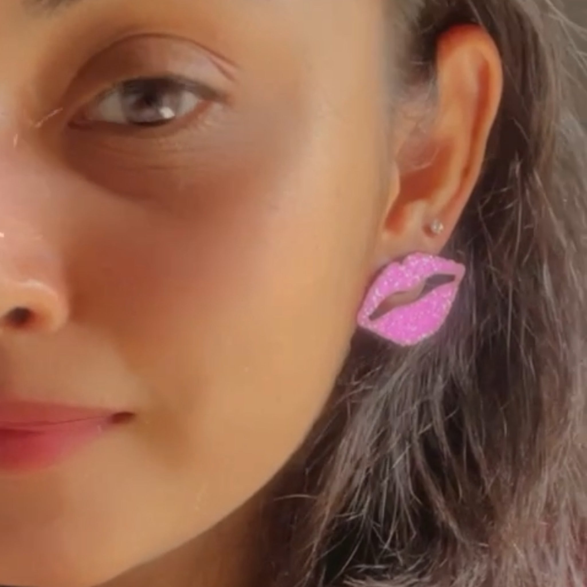 Shimmer Lips Studs - Pink - Nian by Nidhi - worn by a woman