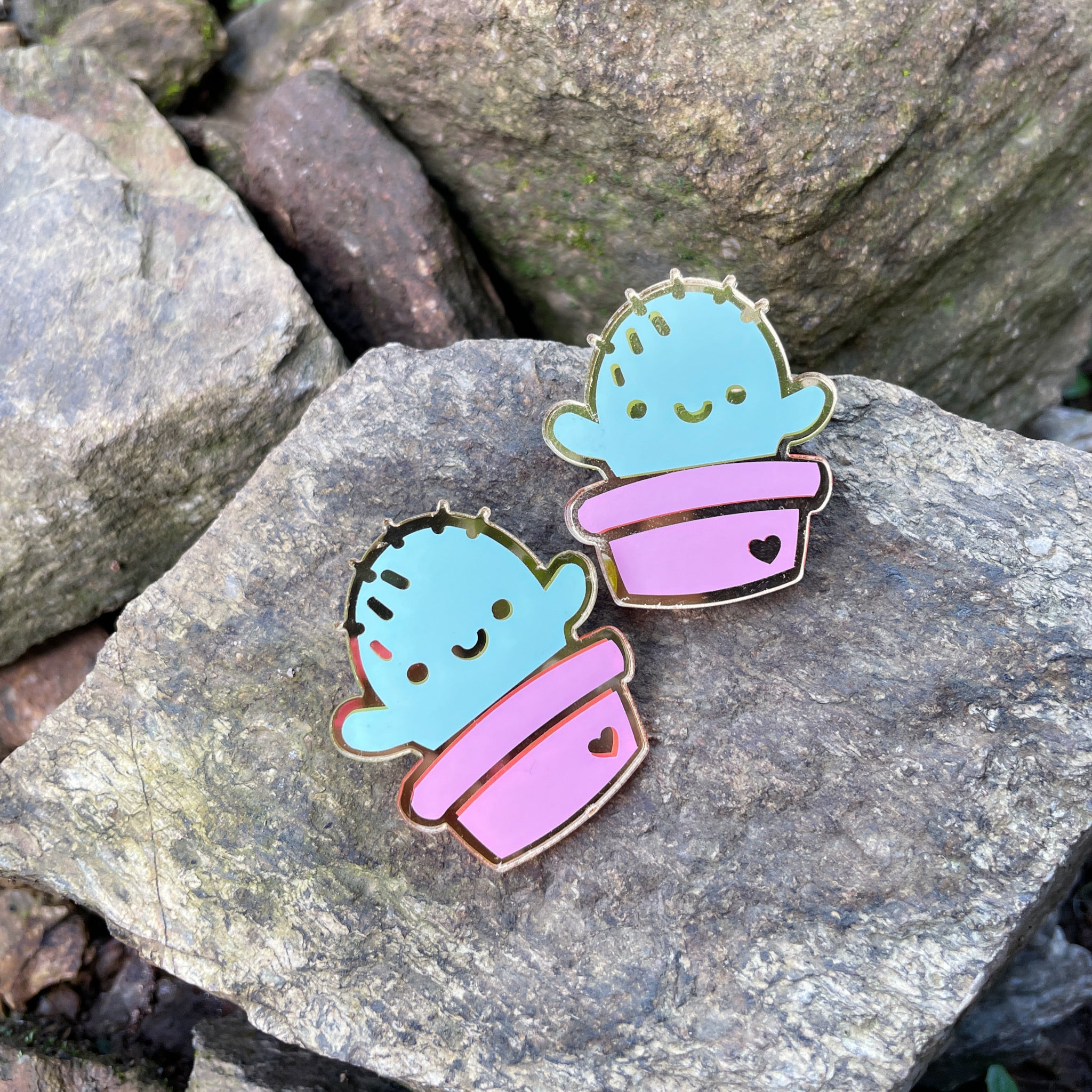 Cactus Plants Earrings - Nian by Nidhi - Green and Pink color - in a natural background with large stones