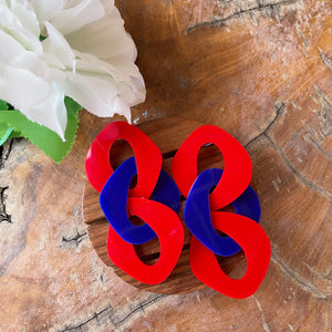 Link Chain Earrings (Red and Blue) - Lightning Earrings - Golden and Blue - Nian by Nidhi - in a white and brown background