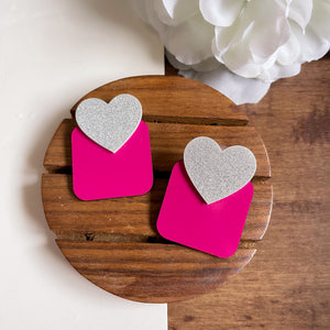 Squary Heart Earrings - Pink squares and Silver Hearts - Nian by Nidhi - in a white and brown background