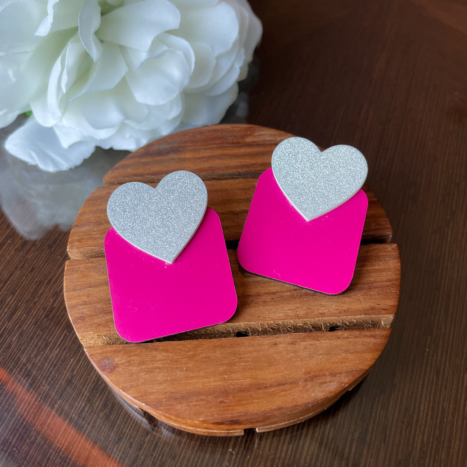 Squary Heart Earrings - Pink squares and Silver Hearts - Nian by Nidhi - in a white and brown background