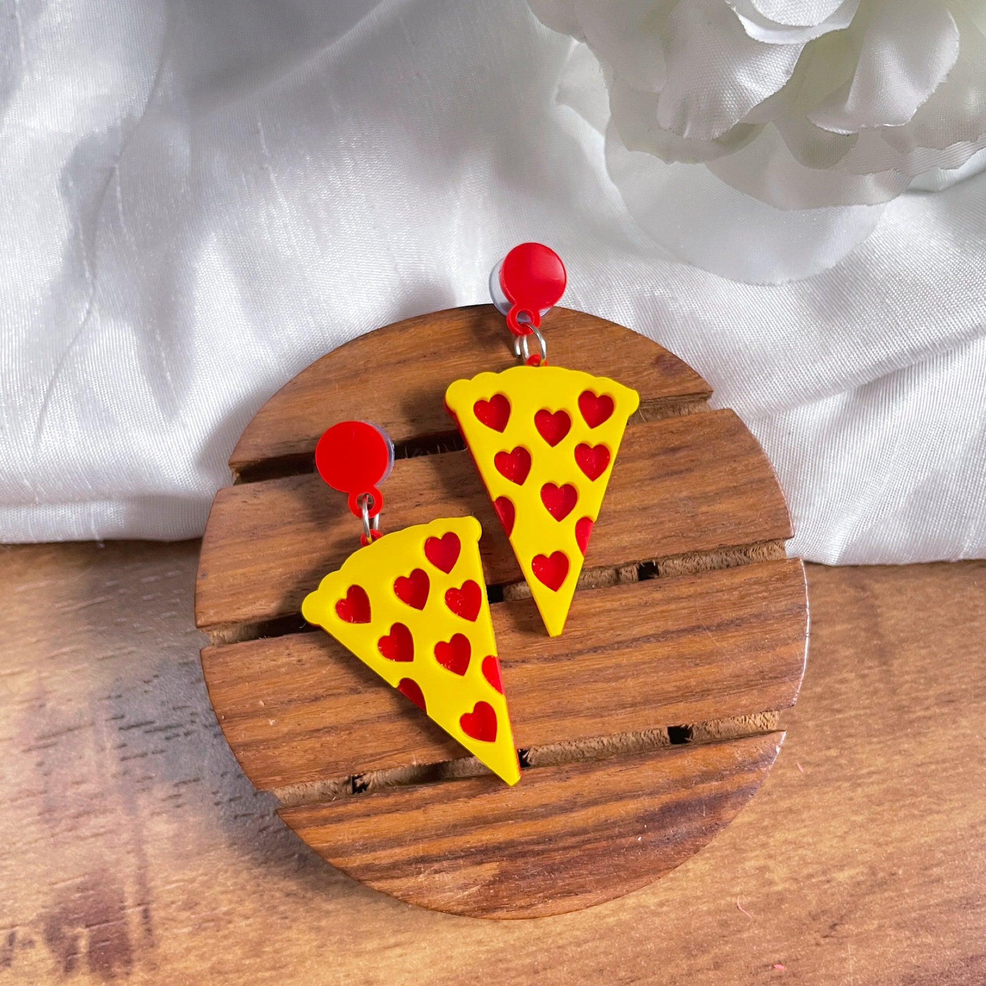 Pizza Earrings - Yellow and Red - Nian by Nidhi - in a white and brown background