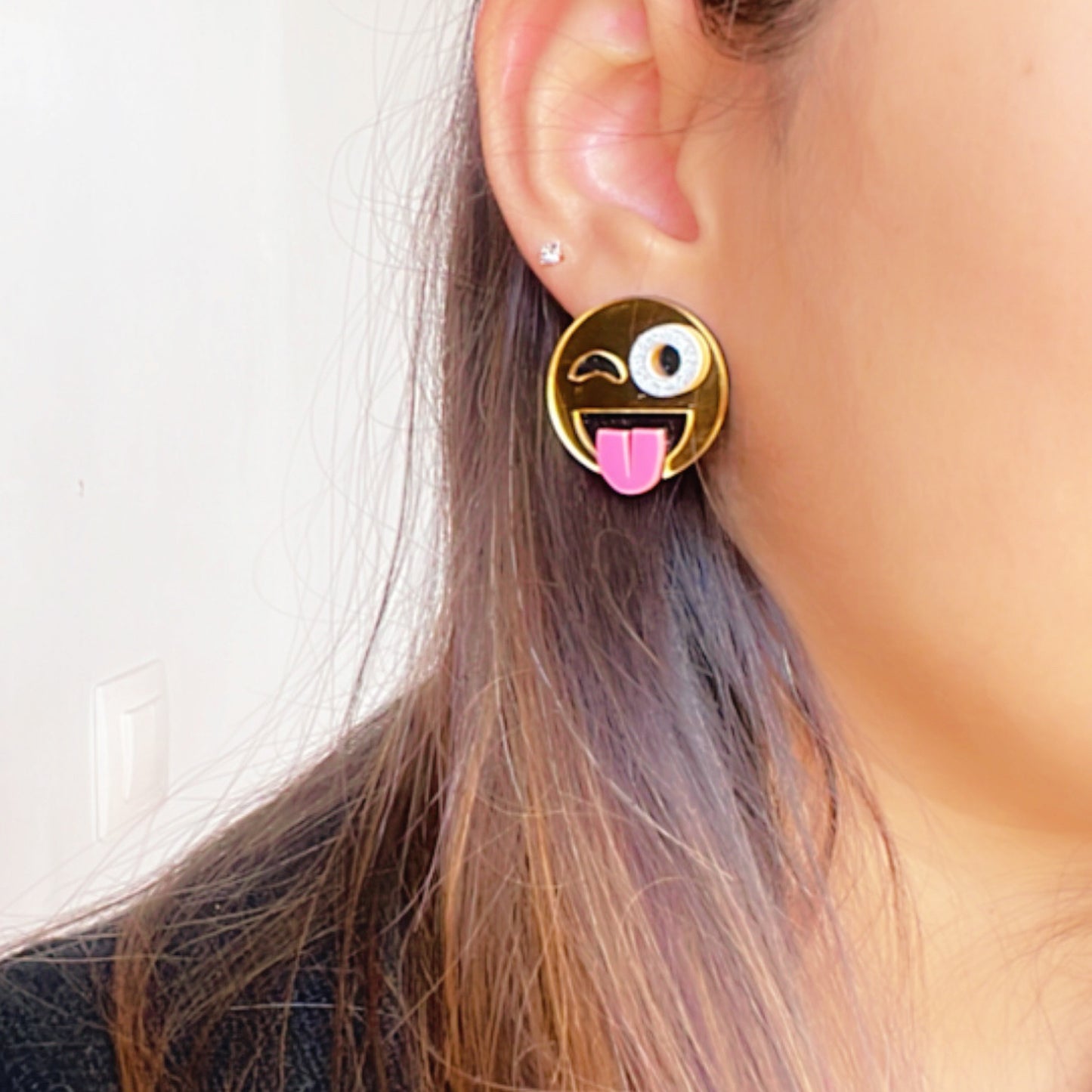 Goofy Emoji Studs - Golden with face detailings - Nian by Nidhi - worn by a woman