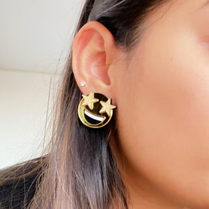 Star-Struck Emoji Studs - Golden with face detailings - Nian by Nidhi - worn by a woman