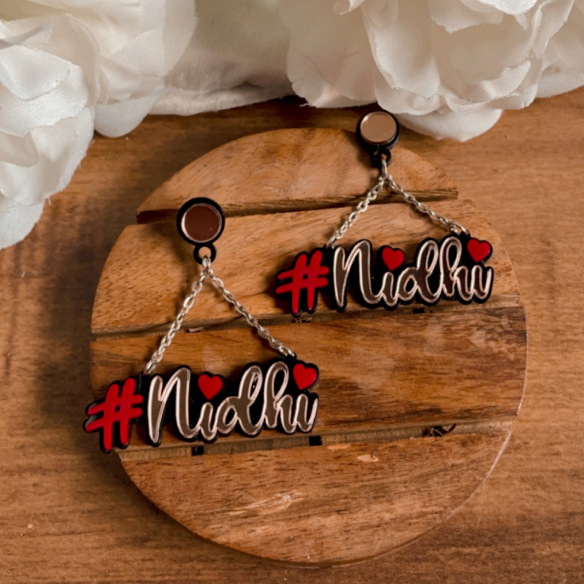 Customised Alphabet Earrings - personalised with a text - #nidhi - red and rose gold - Nian by Nidhi - in a white and brown background