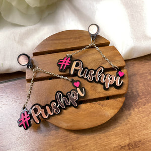 Customised Alphabet Earrings - personalised with a text - #Pushpi - pink and rose gold - Nian by Nidhi - in a white and brown background