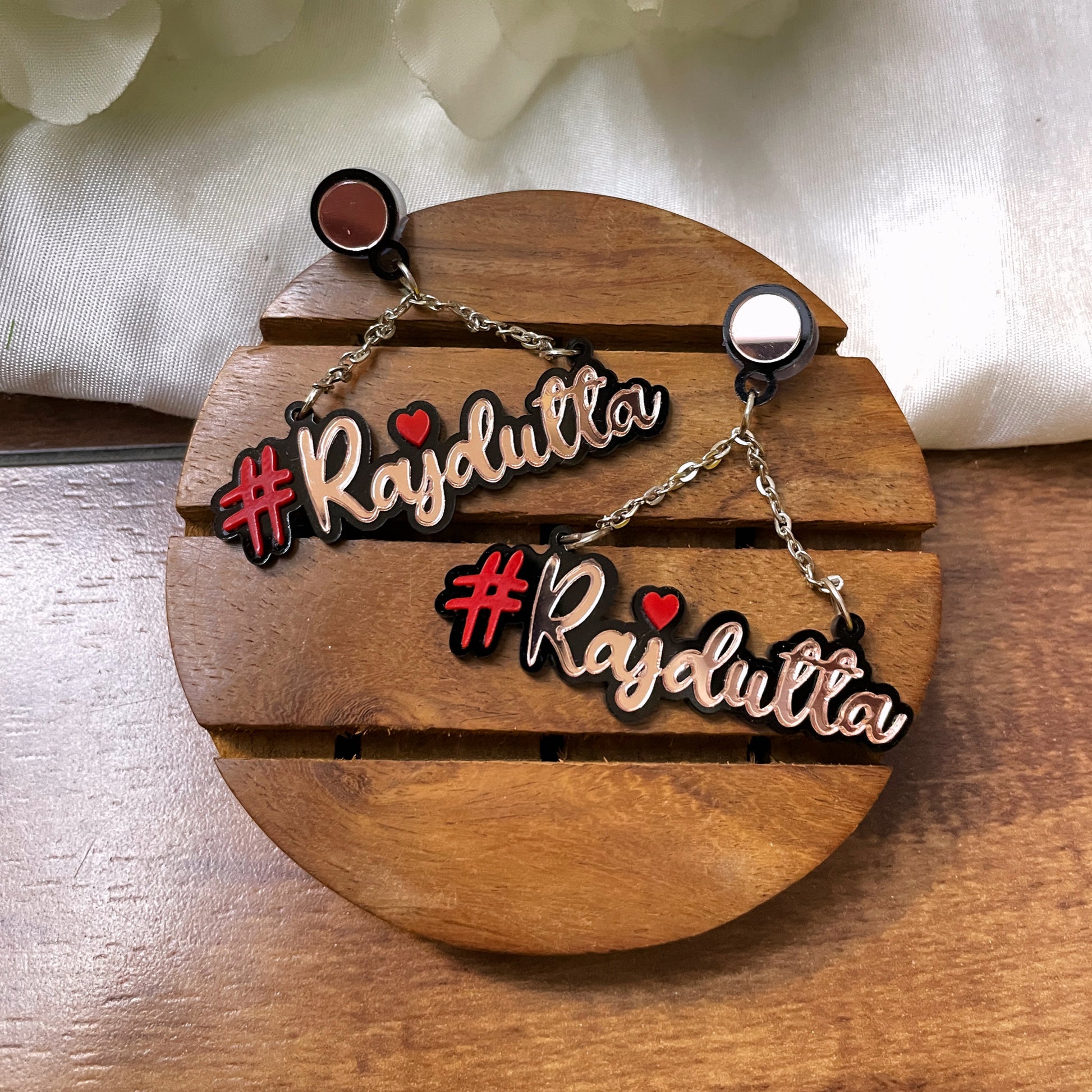 Customised Alphabet Earrings - personalised with a text - #Rajdutta - red and Rosegold - Nian by Nidhi - in a white and brown background