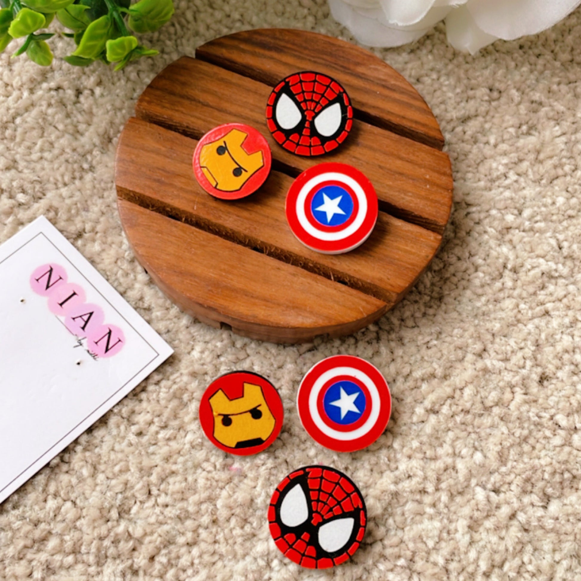 Marvel Studs (Set of 3) - consists Spider-Man Studs, Iron Man Studs, and Captain America Studs - Nian by Nidhi - placed in a light beige background