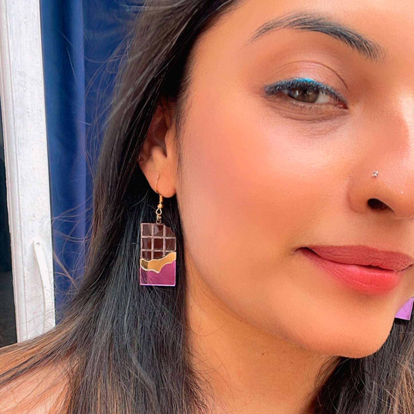 Choco Candy Earrings - Purple and Brown - Nian by Nidhi - worn by a woman