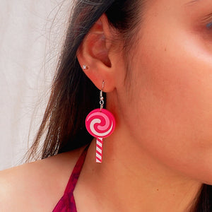 Lollipop Swirl Earrings - Pink and White - Nian by Nidhi - worn by a woman