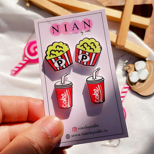 Popcorn and Coke Studs (Set of 2) - Multi-Color - Nian by Nidhi - held in a woman's hand