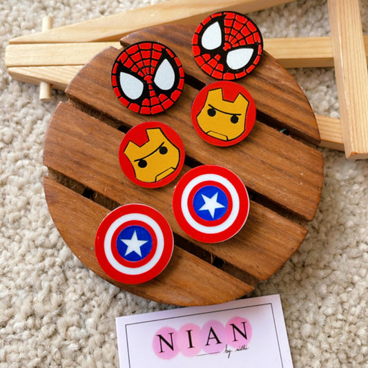 Marvel Studs (Set of 3) - consists Spider-Man Studs, Iron Man Studs, and Captain America Studs - Nian by Nidhi - placed in a light beige background