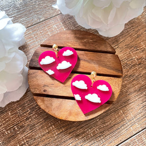 Hearty Cloud Earrings - Hot Pink and White - Nian by Nidhi - in a white and brown background