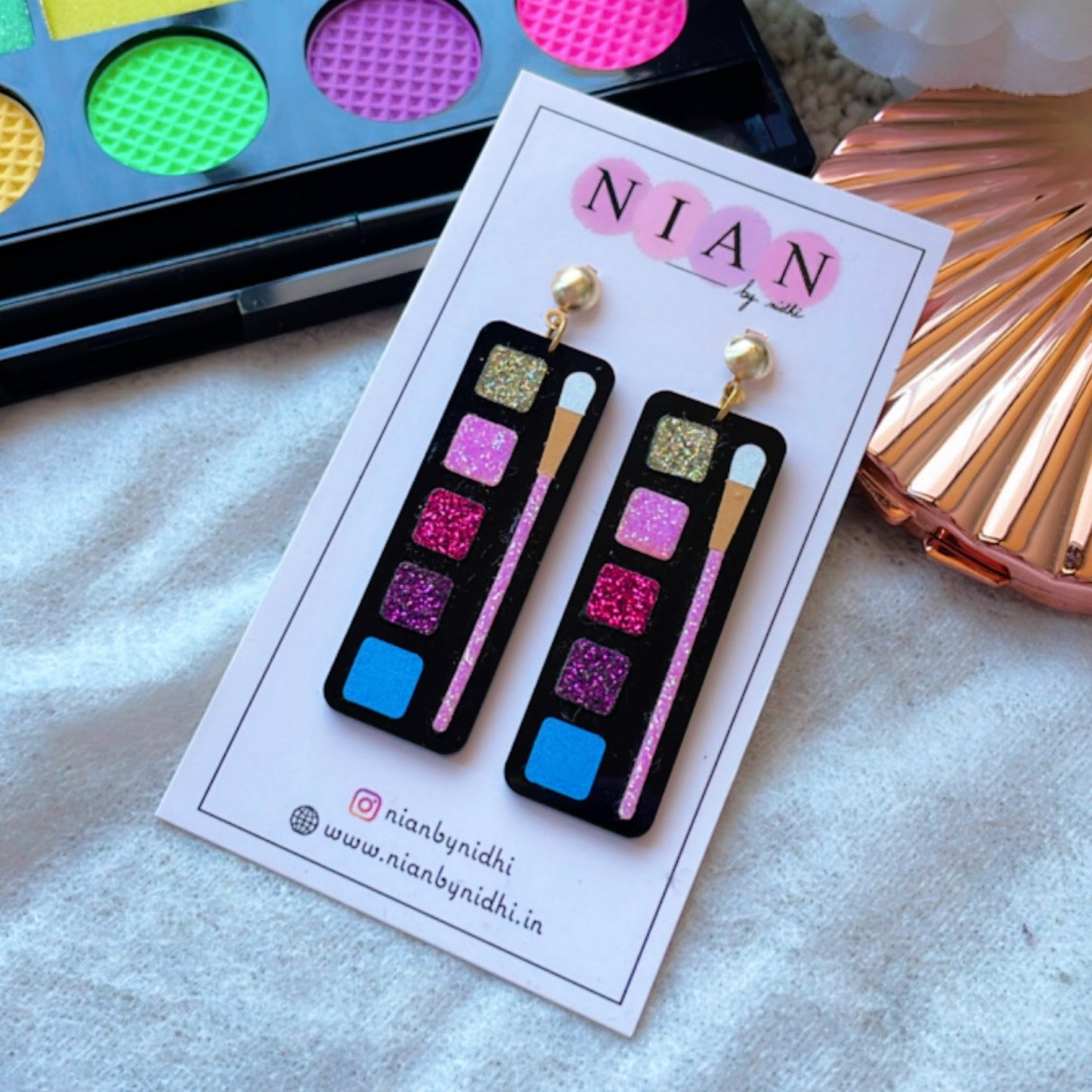 Makeup Palette Earrings - Multi-color - Nian by Nidhi - placed in a white background